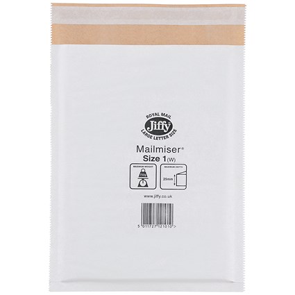 Jiffy Mailmiser No.1 Bubble-lined Protective Envelopes, 170x245mm, White, Pack of 100
