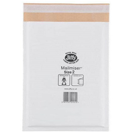 Jiffy Mailmiser No.2 Bubble-lined Protective Envelopes, 205x245mm, White, Pack of 100