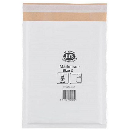 Jiffy Mailmiser No.2 Bubble-lined Protective Envelopes, 205x245mm, White, Pack of 100 Jiffy Mailmiser No.2 Bubble-lined Protective Envelopes, 205x245mm, White, Pack of 100