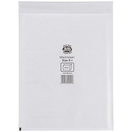 Jiffy Mailmiser No.5 Bubble-lined Protective Envelopes, 260x345mm, White, Pack of 50