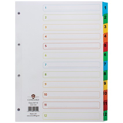 Concord Reinforced Board Index Dividers, 1-12, Multicolour Tabs, A4, White Concord Reinforced Board Index Dividers, 1-12, Multicolour Tabs, A4, White