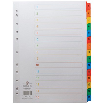 Concord Reinforced Board Index Dividers, 1-15, Multicolour Tabs, A4, White Concord Reinforced Board Index Dividers, 1-15, Multicolour Tabs, A4, White