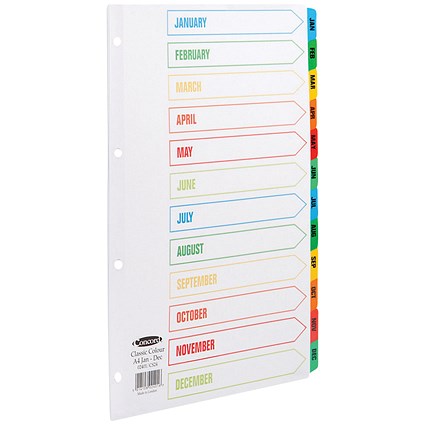 Concord Reinforced Board Index Dividers, Jan-Dec, Multicolour Tabs, A4, White Concord Reinforced Board Index Dividers, Jan-Dec, Multicolour Tabs, A4, White