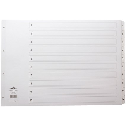 Concord Reinforced Board Index Dividers, 1-10, Clear Tabs, A3, White