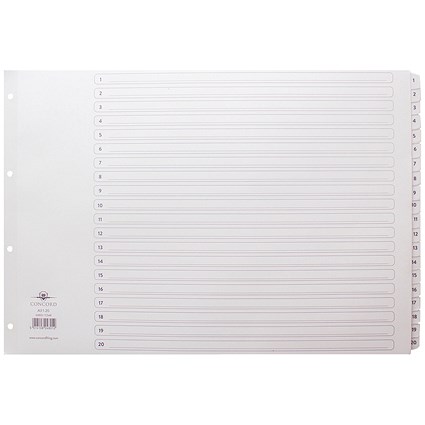 Concord Reinforced Board Index Dividers, 1-20, Clear Tabs, A3, White Concord Reinforced Board Index Dividers, 1-20, Clear Tabs, A3, White