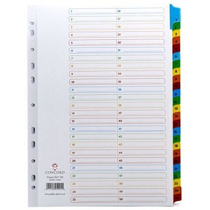 Concord Reinforced Board Index Dividers, 1-50, Multicolour Tabs, A4, White