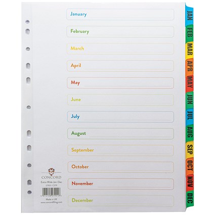 Concord Reinforced Board Index Dividers, Extra Wide, Jan-Dec, Multicolour Tabs, A4, White