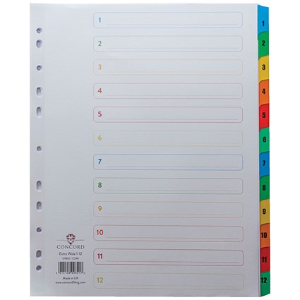 Concord Index Dividers, Extra Wide, 1-12, Multicoloured Tabs, A4, White