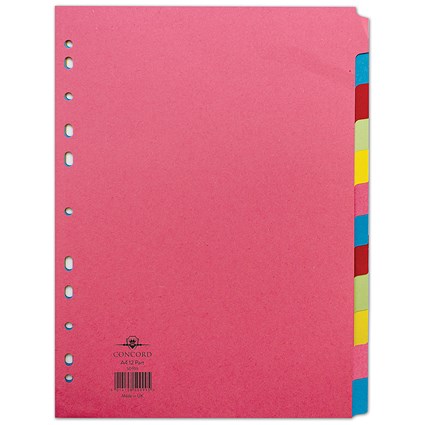Concord Bright Subject Dividers, 12-Part, Blank Multicolour Tabs, A4, Multicolour