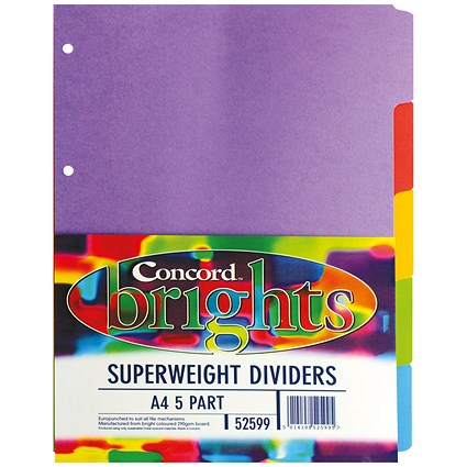 Concord Bright Heavyweight Subject Dividers, 5-Part, Blank Multicolour Tabs, A4, Multicolour