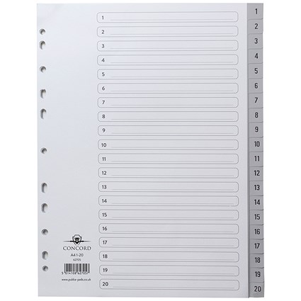 Concord Plastic Index Dividers, 1-20, Grey Tabs, A4, White Concord Plastic Index Dividers, 1-20, Grey Tabs, A4, White