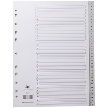 Concord Plastic Index Dividers, 1-31, Grey Tabs, A4, White