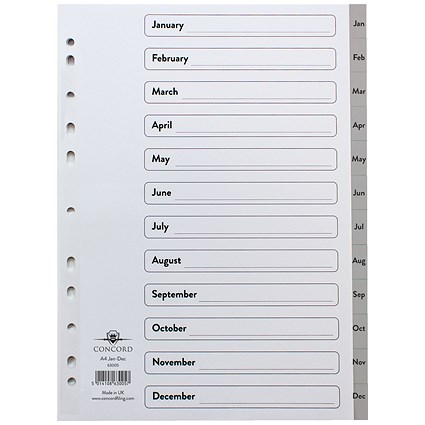 Concord Plastic Index Dividers, Jan-Dec, Grey Tabs, A4, White Concord Plastic Index Dividers, Jan-Dec, Grey Tabs, A4, White