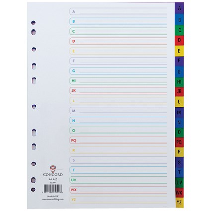 Concord Plastic Index Dividers, A-Z, A4, Assorted