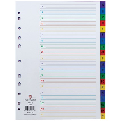 Concord Plastic Index Dividers, A-Z, Multicolour Tabs, A4, White Concord Plastic Index Dividers, A-Z, Multicolour Tabs, A4, White