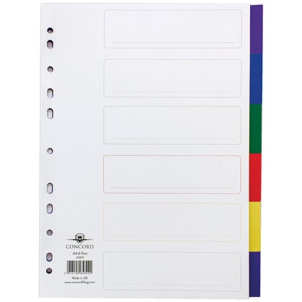 Concord Plastic Subject Dividers, 6-Part, Blank Multicolour Tabs, A4, White Concord Plastic Subject Dividers, 6-Part, Blank Multicolour Tabs, A4, White