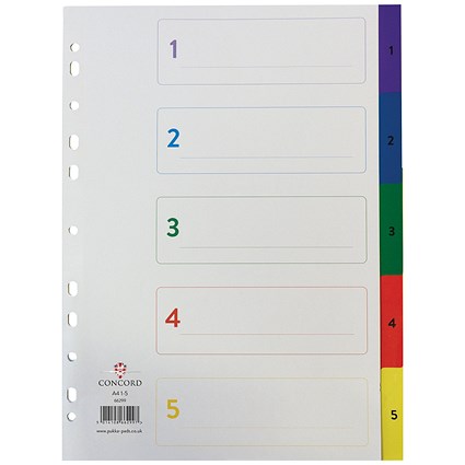Concord Plastic Index Dividers, 1-5, Multicolour Tabs, A4, White