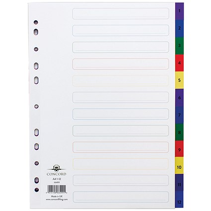 Concord Plastic Index Dividers, 1-12, Multicolour Tabs, A4, White
