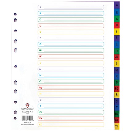 Concord Plastic Index Dividers, Extra Wide, A-Z, Multicolour Tabs, A4, White