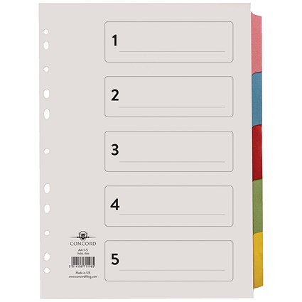 Concord Reinforced Board Subject Dividers, 5-Part, Blank Multicolour Tabs, A4, Multicolour Concord Reinforced Board Subject Dividers, 5-Part, Blank Multicolour Tabs, A4, Multicolour