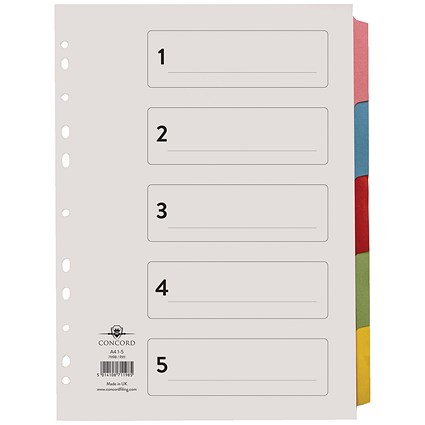 Concord Reinforced Board Subject Dividers, 5-Part, Blank Multicolour Tabs, A4, Multicolour