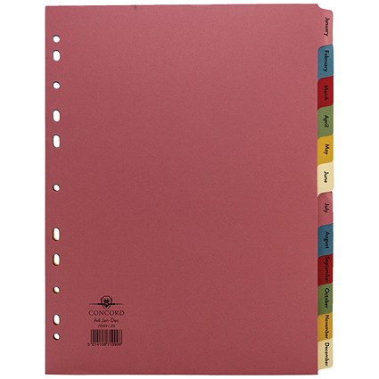 Concord Index Dividers, Jan-Dec, Multicolour Tabs, A4, Multicolour, Pack of 10