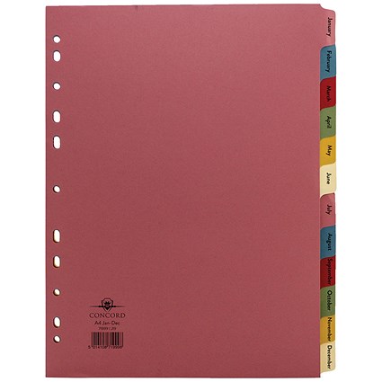 Concord Index Dividers, Jan-Dec, A4, Assorted, Pack of 10