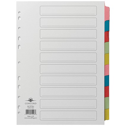 Concord Reinforced Board Subject Dividers, 10-Part, Blank Multicolour Tabs, A4, Multicolour