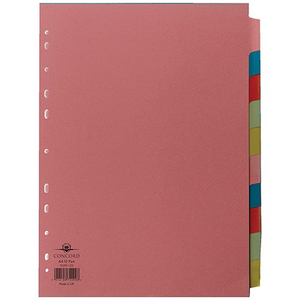 Concord Subject Dividers, 10-Part, Blank Multicolour Tabs, A4, Multicolour