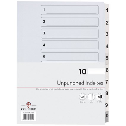 Concord Reinforced Board Unpunched Index Dividers, 1-10, Clear Tabs, A4, White, Pack of 10 Concord Reinforced Board Unpunched Index Dividers, 1-10, Clear Tabs, A4, White, Pack of 10