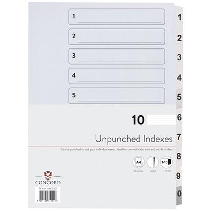 Concord Presentation Index, Unpunched, 1-10, Mylar Tabs, A4, White, Pack of 10