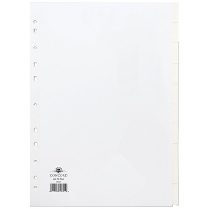 Concord Reinforced Board Subject Dividers, 10-Part, Blank Tabs, A4, White