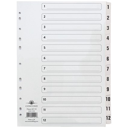 Concord Reinforced Board Index Dividers, 1-12, Clear Tabs, A4, White Concord Reinforced Board Index Dividers, 1-12, Clear Tabs, A4, White