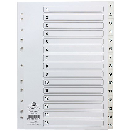 Concord Reinforced Board Index Dividers, 1-15, Clear Tabs, A4, White Concord Reinforced Board Index Dividers, 1-15, Clear Tabs, A4, White