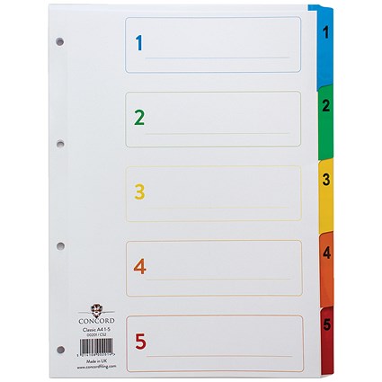 Concord Reinforced Board Index Dividers, 1-5, Multicolour Tabs, A4, White