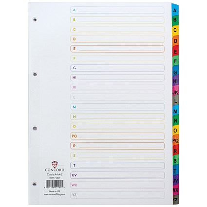 Concord Reinforced Board Index Dividers, A-Z, Multicolour Tab, A4, White