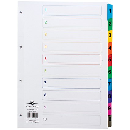 Concord Reinforced Board Index Dividers, 1-10, Multicolour Tabs, A4, White