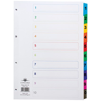 Concord Reinforced Board Index Dividers, 1-10, Multicolour Tabs, A4, White