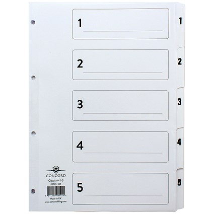 Concord Classic Index Dividers, 1-5, Mylar Tabs, A4, White
