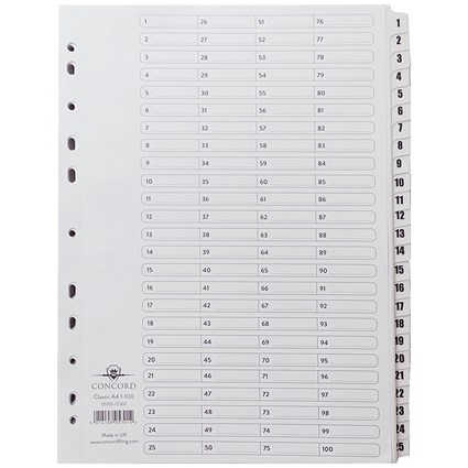 Concord Reinforced Board Index Dividers, 1-100, Clear Tabs, A4, White
