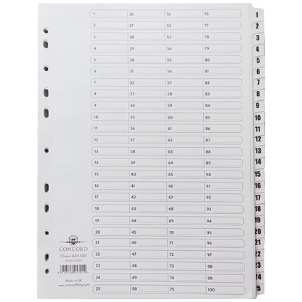 Concord Classic Index Dividers, 1-100, Mylar Tabs, A4, White