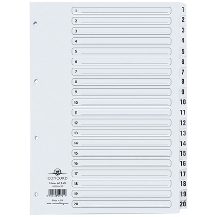 Concord Reinforced Board Index Dividers, 1-20, Clear Tabs, A4, White