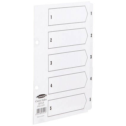 Concord Reinforced Board Index Dividers, 1-5, Clear Tabs, A5, White
