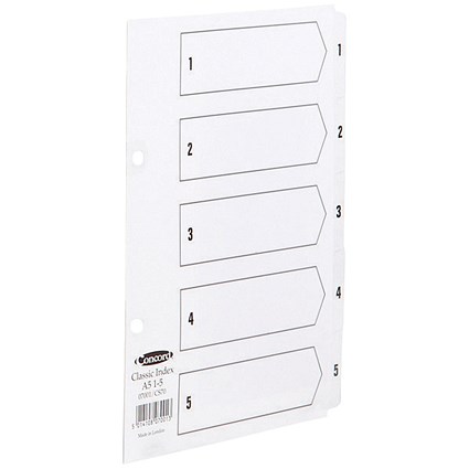 Concord Reinforced Board Index Dividers, 1-5, Clear Tabs, A5, White Concord Reinforced Board Index Dividers, 1-5, Clear Tabs, A5, White