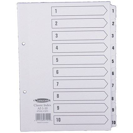 Concord Reinforced Board Index Dividers, 1-10, Clear Tabs, A5, White Concord Reinforced Board Index Dividers, 1-10, Clear Tabs, A5, White