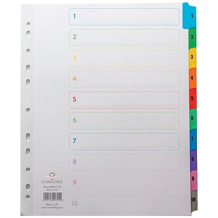 Concord Reinforced Board Index Dividers, Extra Wide, 1-10, Multicolour Tabs, A4, White Concord Reinforced Board Index Dividers, Extra Wide, 1-10, Multicolour Tabs, A4, White