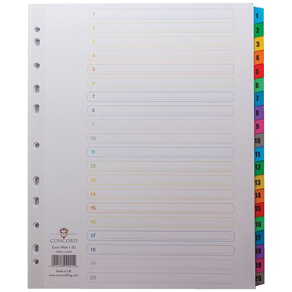 Concord Reinforced Board Index Dividers, Extra Wide, 1-20, Multicolour Tabs, A4, White