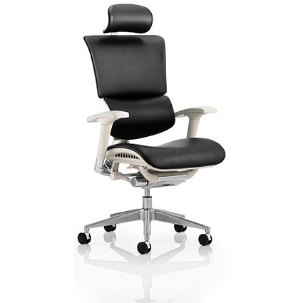 Ergo-Dynamic Leather Posture Chair with Headrest, Grey Frame, Black