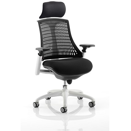 Flex Task White Frame & Black Seat Operator Chair, Headrest, Height Adjustable Arms, Black Back