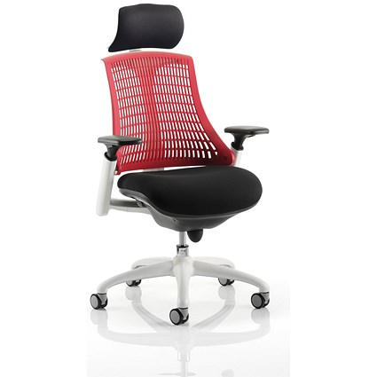 Flex Task White Frame & Black Seat Operator Chair, Headrest, Height Adjustable Arms, Red Back